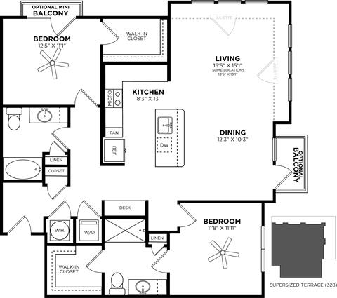 2 bed  2 bath floor plan B at Glenwood at Grant Park, Atlanta, 30316